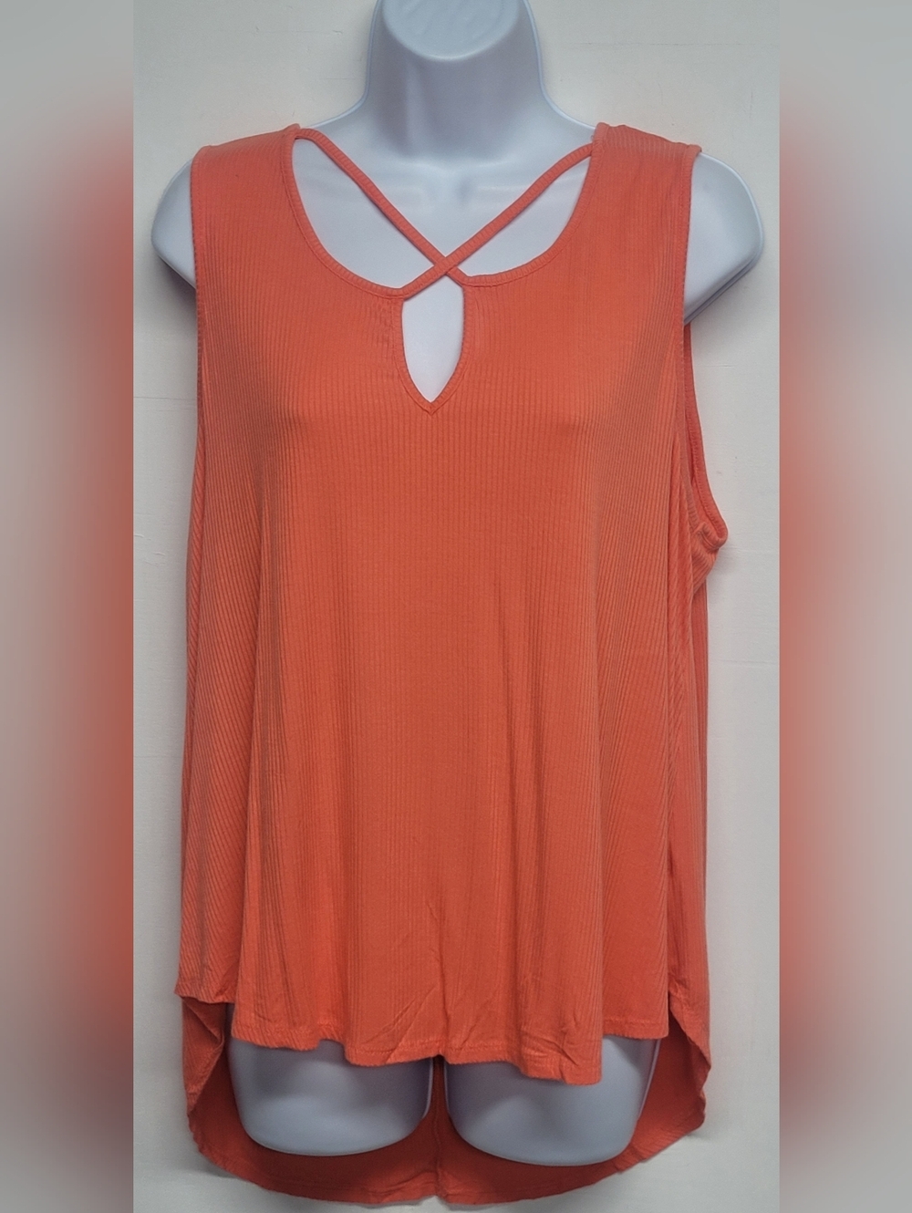 Ambiance 1XL Tank Top Criss Cross Ribbed Slinky Stretch Knit Orange